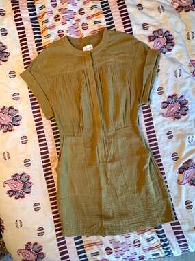 Saylor Olive Green Gauze Mini Dress Small Minimalist Boho Utility Chic